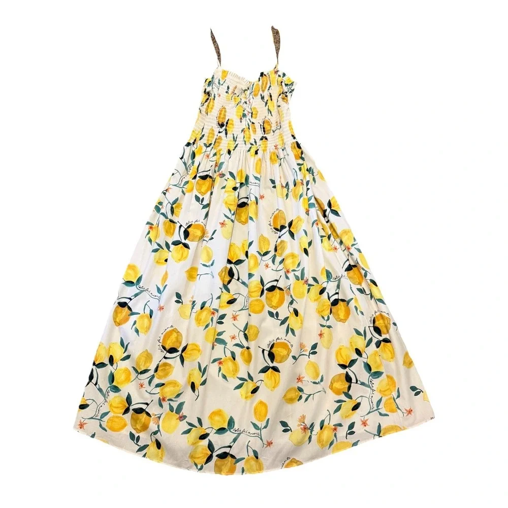 H&M Women Midi‎ Dress M Multicolor Floral Smock Topped Adjustable Strap Lemons